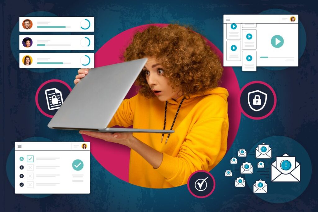 Surprised woman with laptop surrounded by email, security and quiz icons for online email etiquette training