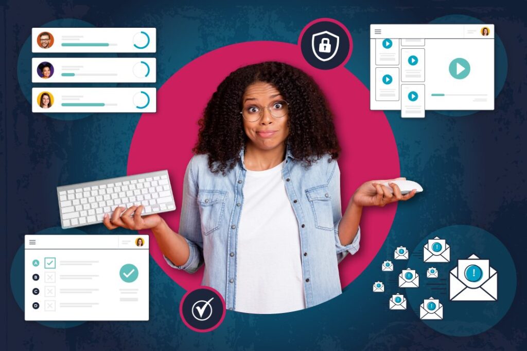 Woman holding keyboard and mouse surrounded by security, quiz and email alert icons