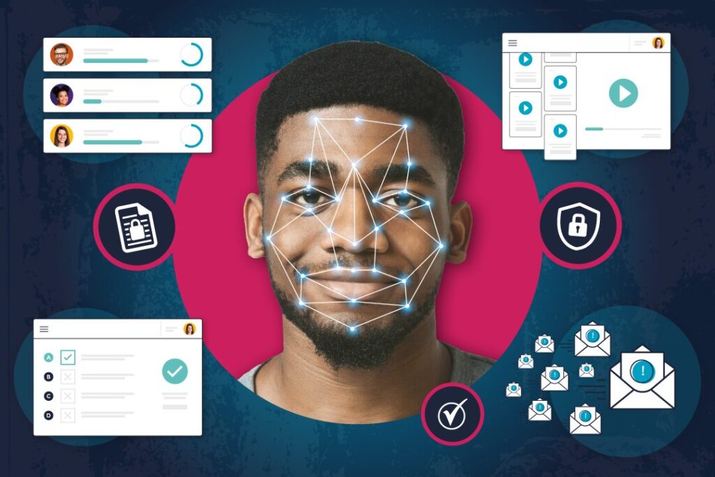 Man's face with facial recognition mesh surrounded by data security and e-learning icons illustrating AI safety