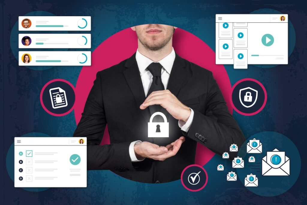 Businessman protecting a padlock icon surrounded by physical security e-learning graphics